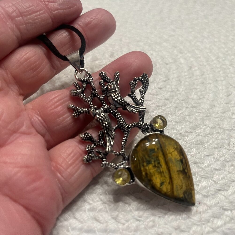 Unique TIGERS EYE & CITRINE Handmade Sterling 925 Pendant/Cord #313E